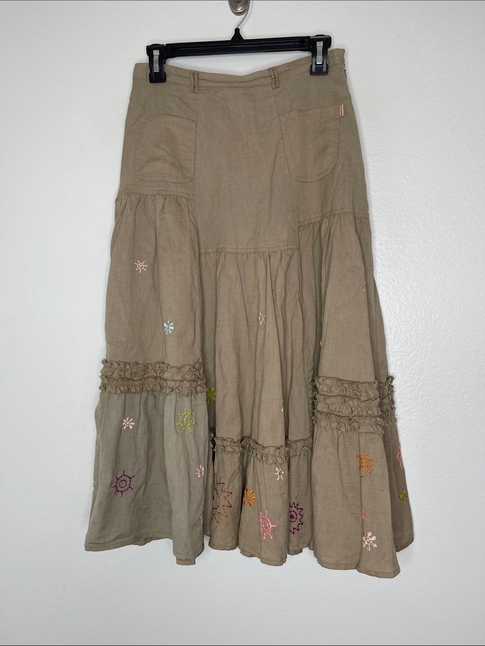 Oilily Tan Cotton Linen Blend Embroidered Ruffle Full Midi Skirt Size 38 US 6